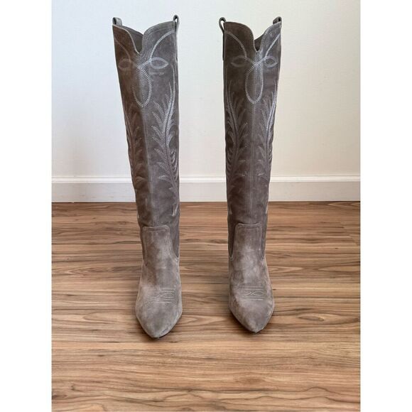 Veronica Beard Womens Ballan Suede Stitch Western Cowboy Tall Boots Taupe Sz 7.5 - Picture 3 of 7